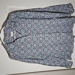 Charter Club 100% Linen Blouse Top Blue Print Long Roll Up Sleeve Shirt Size XL